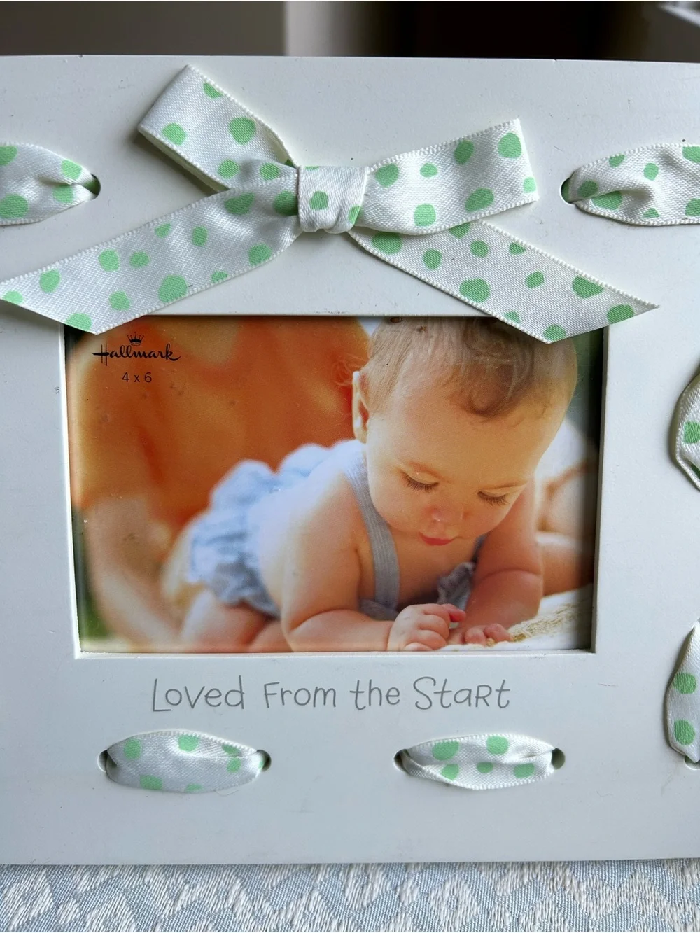 White Baby 4x6 Picture Frame with Green Polka Dot Bow. New.